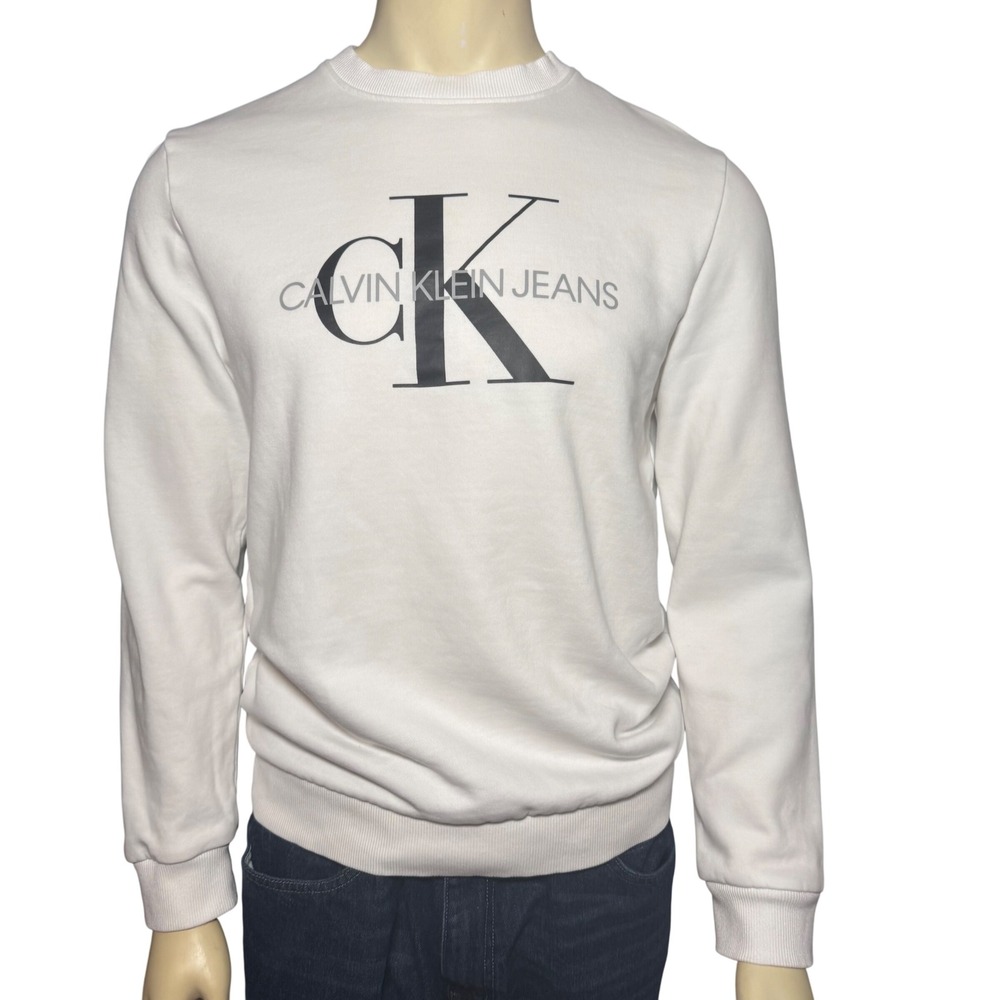 Calvin Klein Jeans‎ Mens Monogram Logo Crewneck Sweatshirt White Medium